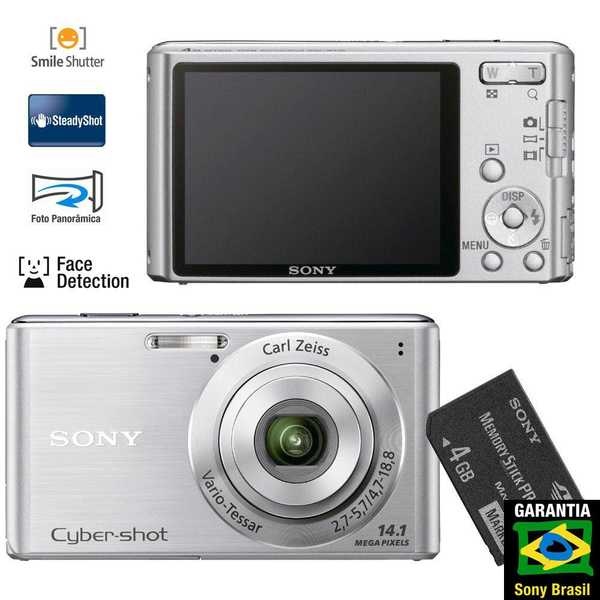 C&acirc;mera Digital Sony Cyber - shot DSC - W530 14.1MP, Prata, LCD 2,7 &acute; , Zoom &Oacute;ptico 4x, Smile Shutt, Sweep Panorama, Face Detection + Cart&atilde;o 4GB. Garantia 2 Anos.