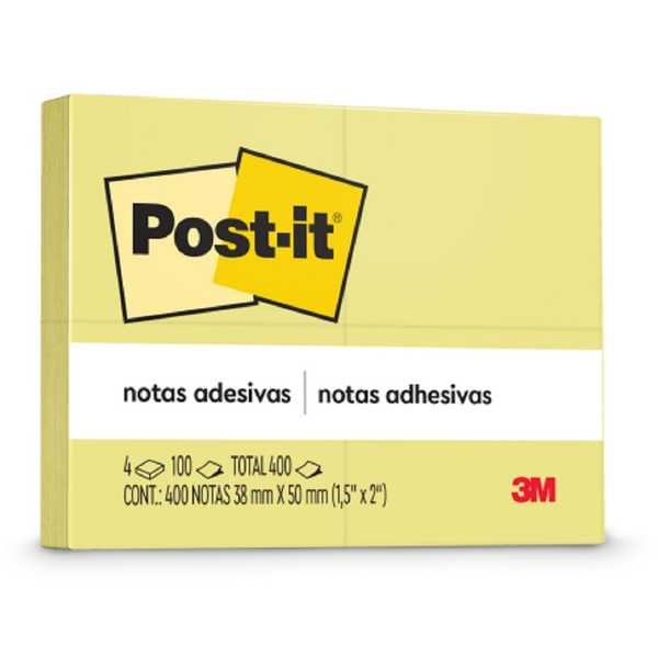 Bloco de Notas Adesivas Amarelo 4 Blocos de 38 mm x 50 mm 100 folhas cada Post-it